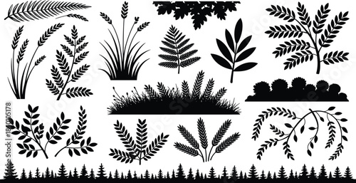 Botanical leaves, branches, grass, forest border, and foliage silhouette vector illustration set designed for nature artwork, landscape decoration, garden design, and creative projects