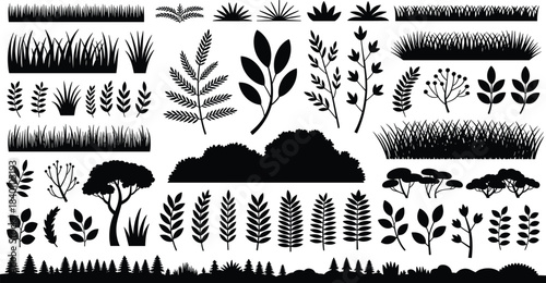 Botanical grass, leaves, trees, and plant silhouette vector illustration set for landscape design, nature decoration, garden elements, outdoor scenery and creative artwork projects