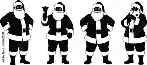 Santa Claus silhouette collection, festive pose, holiday character, Christmas icon, traditional outfit, cad drawing flat vector illustration, black shapes, seasonal design