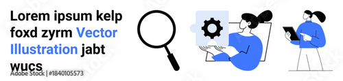 Business strategy, teamwork, research, innovation, problem-solving, workflow improvement. Gear icon, magnifying glass two people reviewing data. Business strategy and teamwork in focus