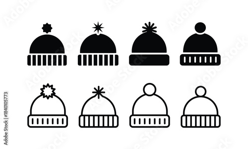 A versatile collection of black silhouette and outline winter knitted hats with various pompom designs perfect for cold weather apparel icons