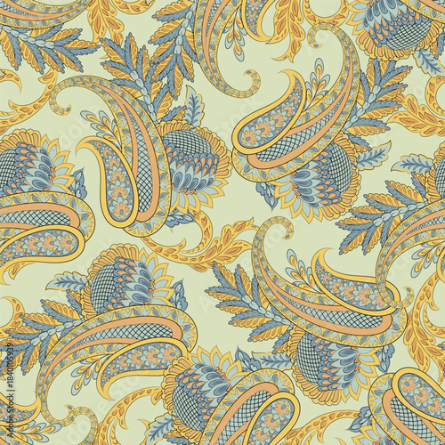 Paisley vector seamless design flowers and leaves in a batik-inspired style. Vintage fabric backdrop