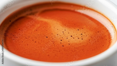 Close-up of a steaming cup of freshly brewed spicy tomato soup with frothy