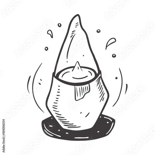 Whimsical hand-drawn creamy dessert in a distinctive serving cup, featuring dynamic splashes and melting effect, isolated vector illustration