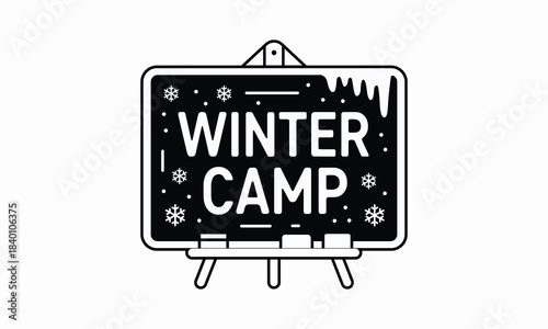 Black and white winter camp sign on a decorative chalkboard with snowflakes and snowcapped lettering for holiday events