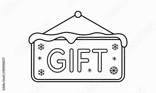 Black and white outline vector illustration of a hanging gift sign covered in snow and snowflakes perfect for holiday sales