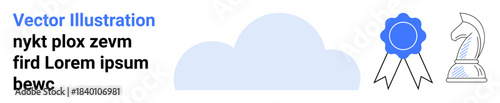Cloud technology, achievement, strategy planning, business decisions, online storage, and digital networking. Blue cloud, achievement ribbon chess knight. Cloud technology and achievement