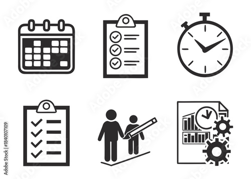 Collection of business and planning icons including calendar checklist stopwatch and teamwork