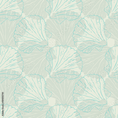 Seabed pattern with Sea shell Pectinidae scallop. Seaside recreation, diving. In pastel colors.