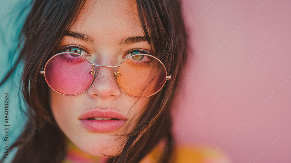 Fototapeta premium A vibrant portrait with pink glasses reveals soft freckles, natural features, gentle lighting, and a contrasting two-tone colorful background.