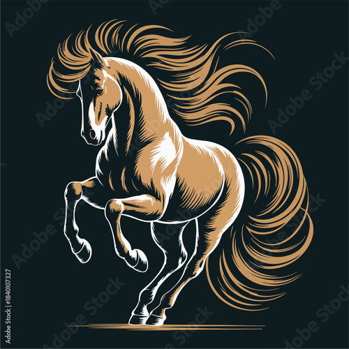 Digital illustration of a full body horse prancing with dynamic golden brown mane and tail on a black background in a modern, textured style