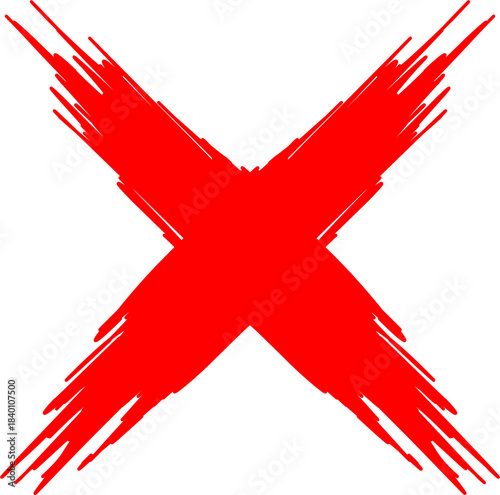 A bold red 'X' symbol with a rough, brushstroke texture on a clean white background, conveying negation or cancellation.