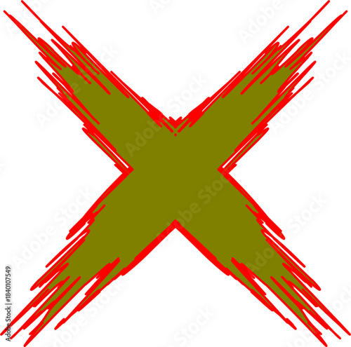 A distressed, brush-stroked green 'X' mark with a vibrant red outline on a clean white background, symbolizing a cross or cancellation.