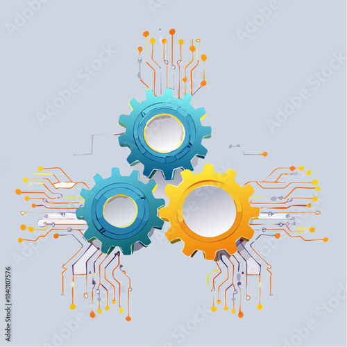 Three gears connected by circuit board lines on a light gray background.