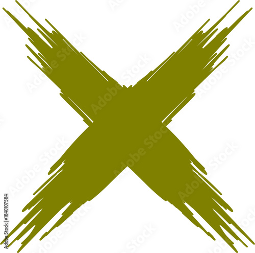 A distressed olive green X mark with a grunge brushstroke texture on a clean white background, symbolizing cancellation or selection.
