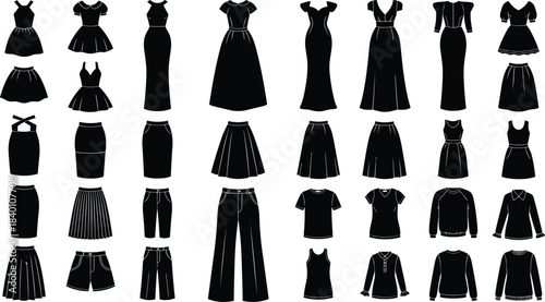 Women clothing silhouettes, fashion design, dress styles, tops, skirts, pants, outerwear, vector icons, black shapes, apparel collection, wardrobe, trendy outfit