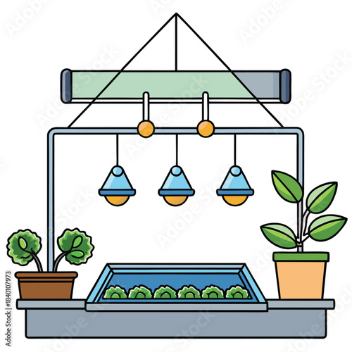 Modern Indoor Hydroponic Garden Setup with Grow Lights for Home Cultivation Vector Illustration