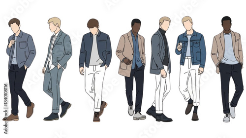 Illustration of Diverse Male Models in Smart Casual Attire on a Black Background.