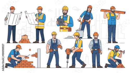A Diverse Team of Construction Workers Illustrated in Various Poses