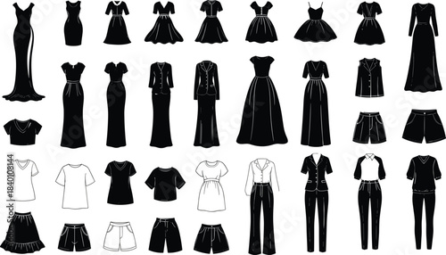 Women clothing silhouettes, fashion design, dress styles, tops, skirts, pants, shorts, vector set, black icons, apparel collection, wardrobe, outfit