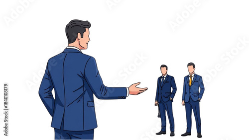 Illustration of a Businessman Presenting his Team of Colleagues in Suits.