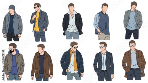 Collection of Stylish Men in Modern Casual Outfits, Vector Illustration Set