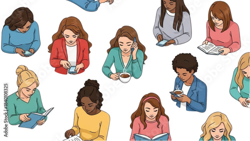 High Angle View Illustration of Diverse Women Using Phones and Reading Books