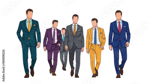 Illustration of a diverse group of businessmen walking confidently forward.