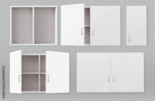 Kitchen cabinet 3d mockups set isolated on background. Vector realistic illustration of white wooden cupboards with open closed doors, metallic handles, empty shelves, home interior, furniture design