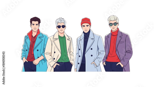 Illustration of four stylish young men in colorful winter overcoats posing.