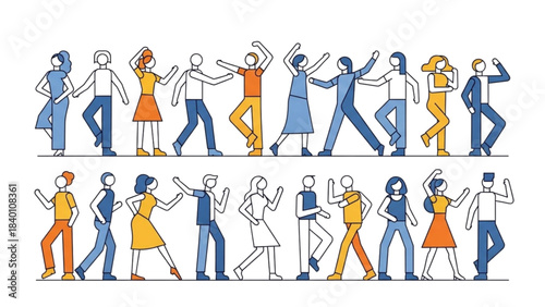 Vibrant vector illustration of a diverse group of people dancing energetically.
