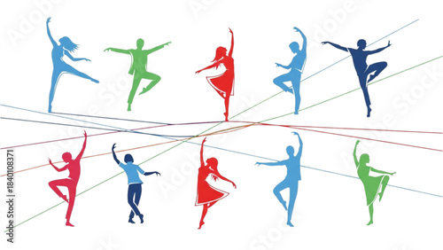 Vibrant Silhouettes of Dancers in Motion, Abstract Graphic Illustration
