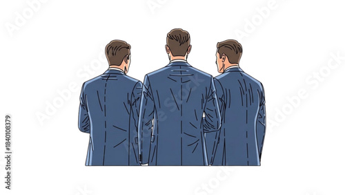 Unified team of three businessmen standing side-by-side, back view graphic.