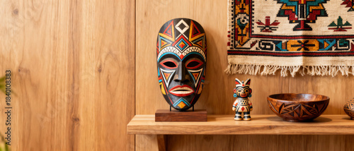 An African mask and other cultural artifacts are showcased on a wooden shelf, displaying vibrant colors and intricate details.
