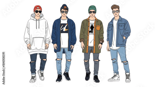 Vector illustration of four young men in casual urban fashion against a black background.