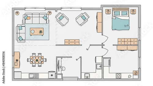 Top-Down View of a 2D Furnished Apartment Floor Plan Illustration