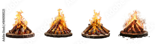 Four burning campfires with flames and logs, showcasing different stages of combustion and intensity isolated on transparent background
