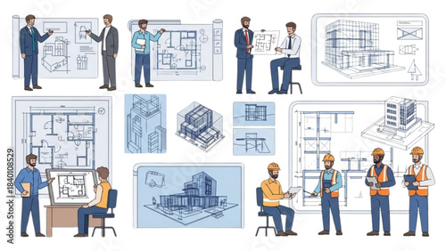 Architects and Engineers Designing 3D Building Models and Blueprints