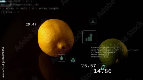 Green icons appearing, starting scan animating lemon and lime on black tabletop numbers updating