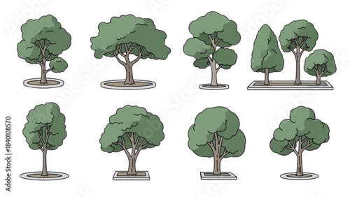 Set of various illustrated trees for architectural and landscape design.