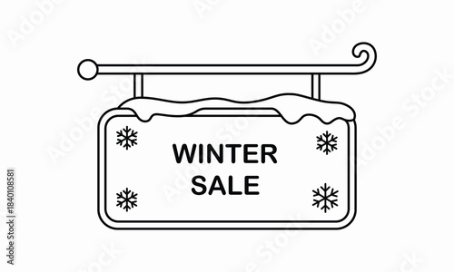 Minimalist black outline winter sale hanging shop sign with snow and snowflakes isolated vector illustration