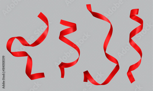 Curly red satin ribbons set isolated on transparent background. Vector realistic illustration of silk or paper streamer spirals, holiday decoration, festive party design, birthday gift wrapping
