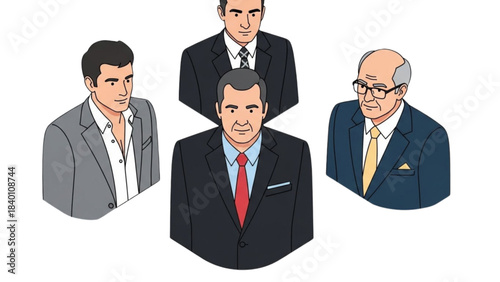 An illustrated group of male executives forming a professional business team.
