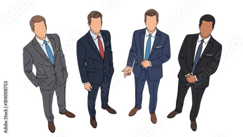 Illustration of a diverse business team standing, seen from a high angle view