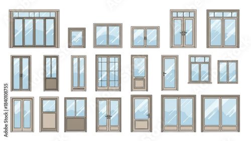 Set of Modern Architectural Windows and Doors. Front View Illustration Collection.