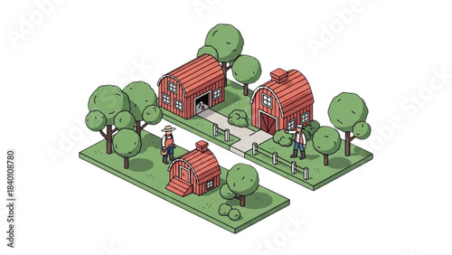 Isometric Illustration of Farmers Working on a Rural Farmstead