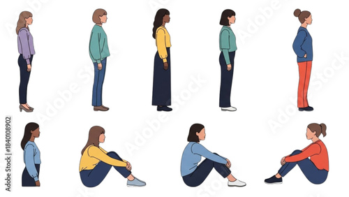 Collection of Diverse Women Standing and Sitting in Profile View Illustration