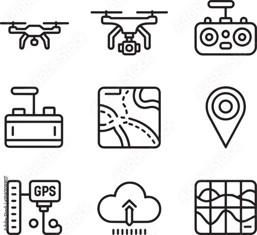 Agriculture drone technology and GPS mapping line icons for modern precision farming solutions
