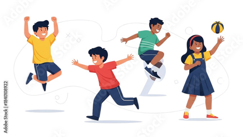 An Illustration of Diverse Kids Actively Playing and Jumping with Joy