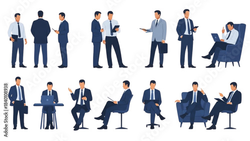 Set of Businessman Illustrations in Various Corporate Poses on Black Background